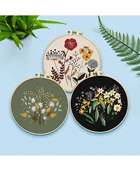 Gnuadz 3 Sets Embroidery Kit Floral Cross Stitch Cloth Hoops Threads Plants Flowers