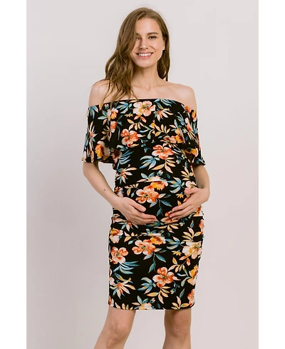 Hello Miz Maternity Bodycon Floral Off-the-Shoulder Ruffle Dress