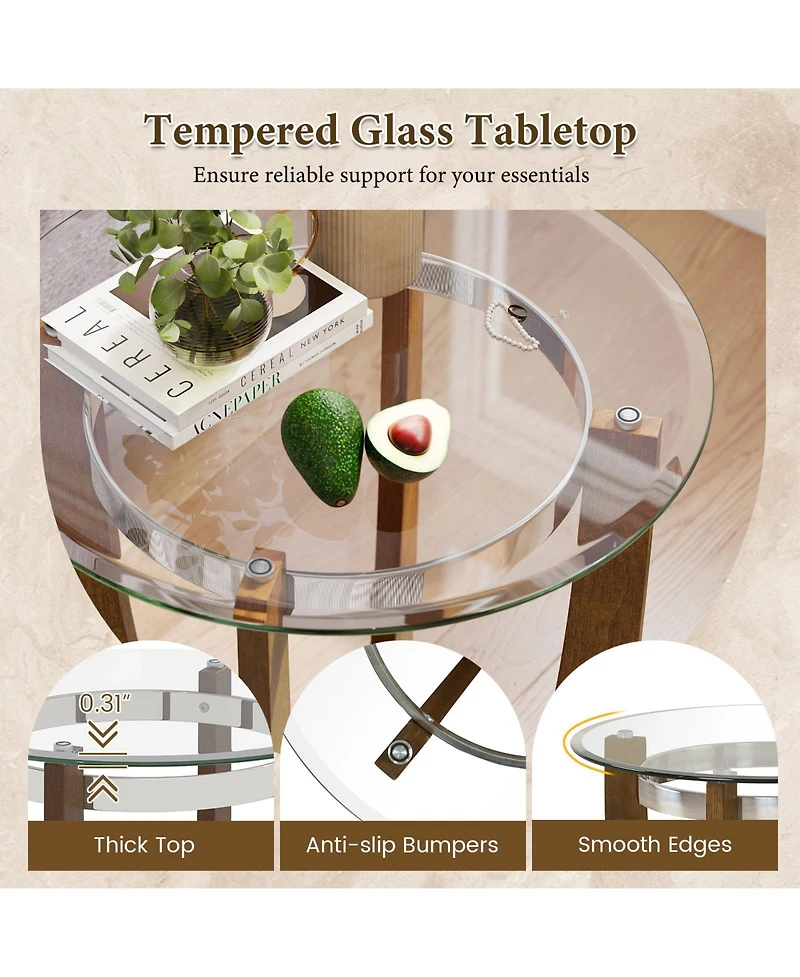 Slickblue Modern Round End Table with Glass Top and Rubber Wood Base, Accent Side Table