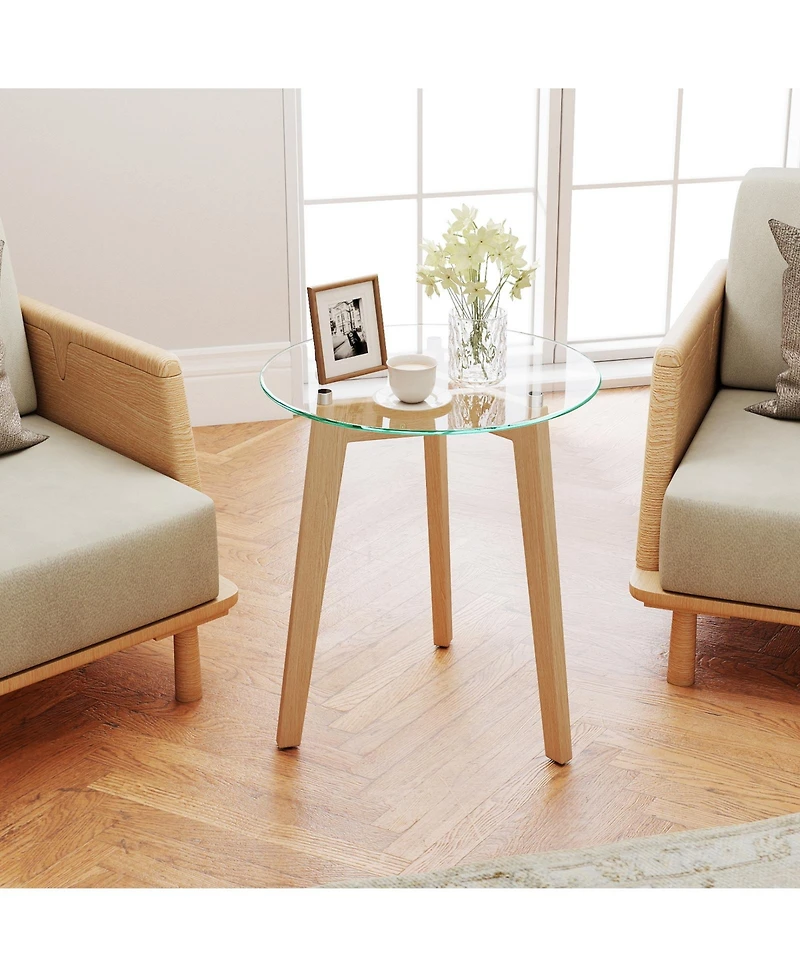 Slickblue Modern Round Glass End Table with Rubber Wood Structure and Sturdy Base