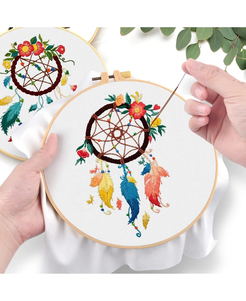 Gnuadz 4 Set Embroidery Kit Beginners Feather Wreath Cloth Hoops Threads