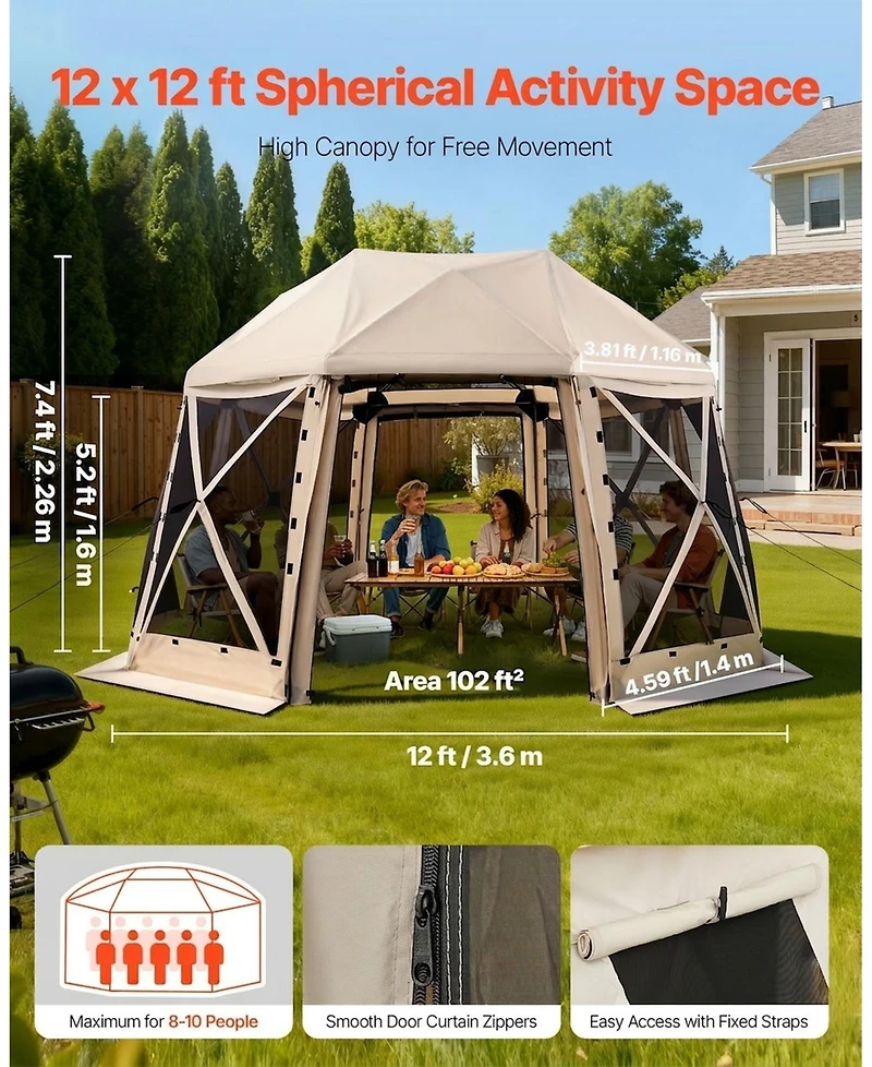 Gouun Pop Up 13-Sided Spherical Gazebo Screen Tent 12x12 ft with Removable Top and Carry Bag