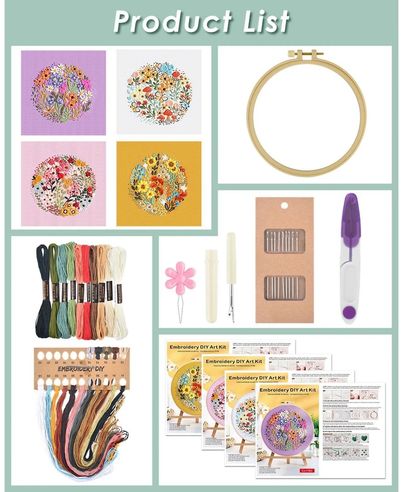 Gnuadz 4 Sets Embroidery Kit Beginners Hummingbird Flower Cross Cloth Hoops Threads