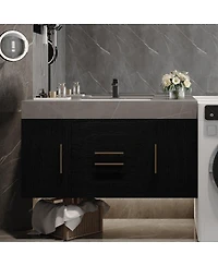 Sillysis 39.4 Inch Floating Bathroom Vanity with Faux Marble Top, Luxury Modern Black Wall Mounted Solid Wood Cabinet and Ceramic Sink