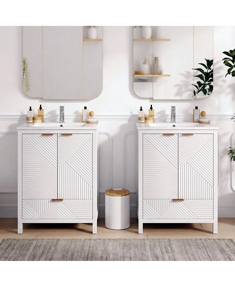 Sillysis 48 Inch Double Sink Bathroom Vanity, Freestanding Modern Mdf Cabinet with Ceramic Sinks and Soft Close Drawers