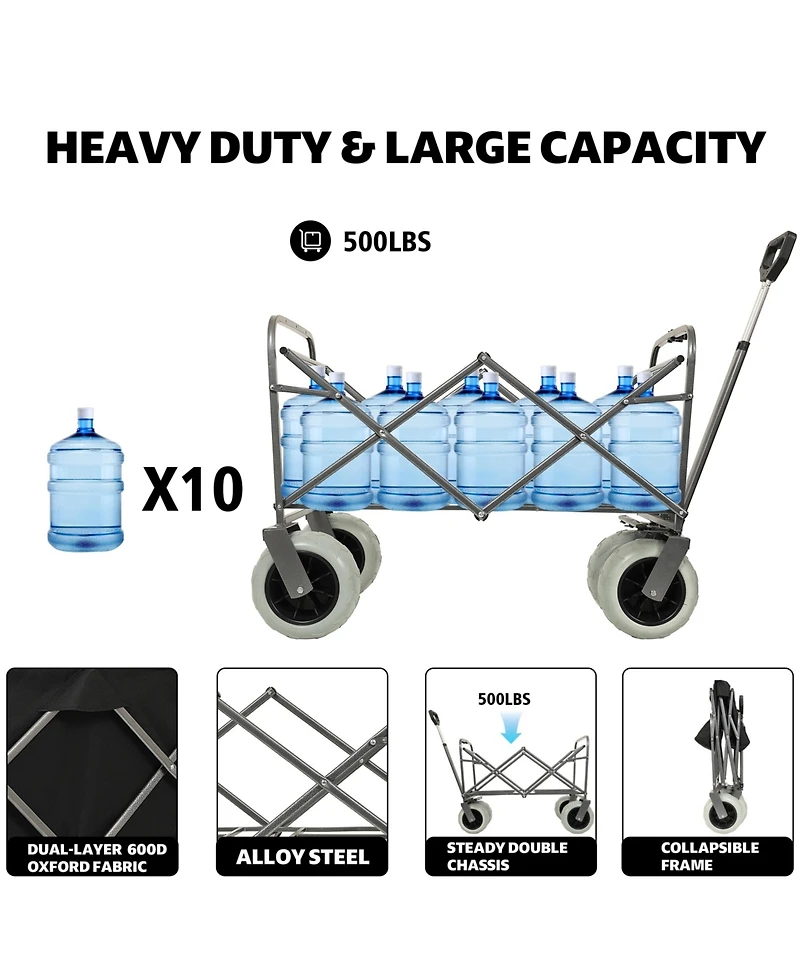 Mondawe 500lbs Foldable Steel Storage Wagon Utility Carts w/ Waterproof Fishing Cart with Rod Holders