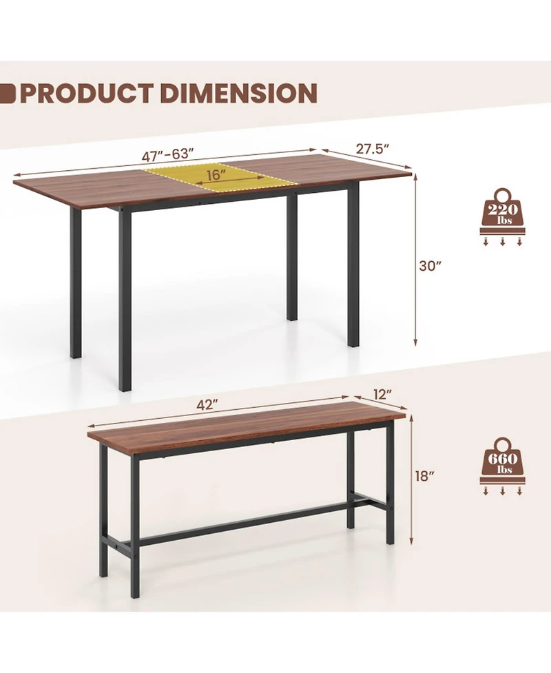 Gouun 3-Piece Extendable Dining Table with 2 Tuck-Away Benches for 4-6 Seating