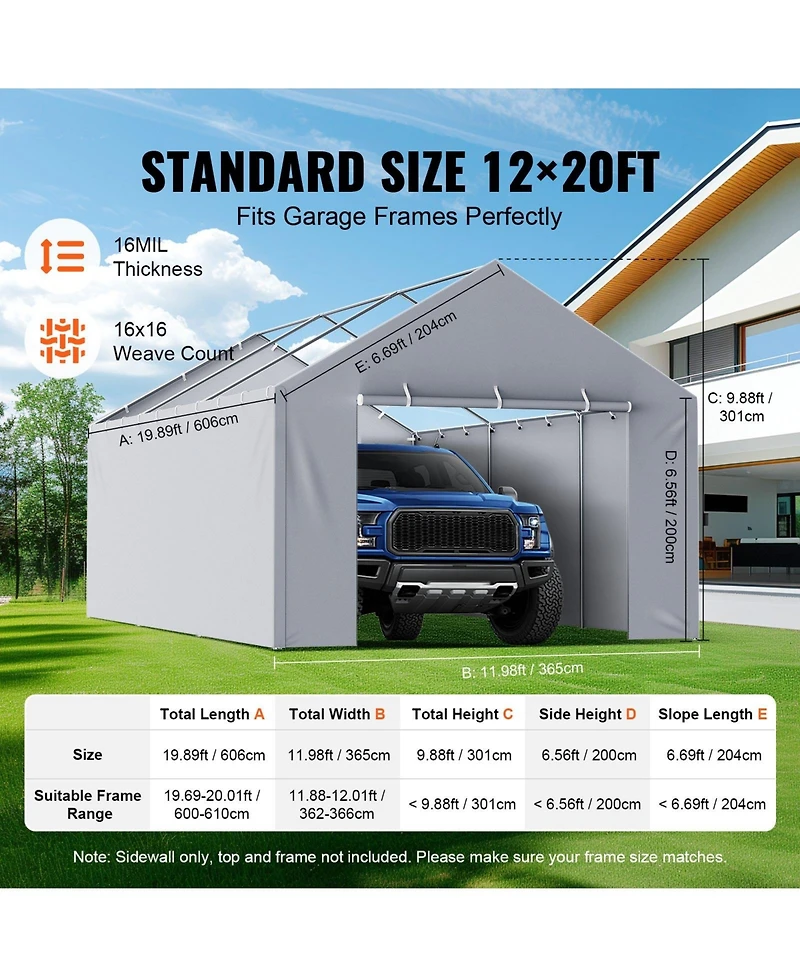 Gouun Carport Replacement Canopy Side Wall 12x20 ft, Heavy-Duty Waterproof Uv-Protected Garage Tent Tarp