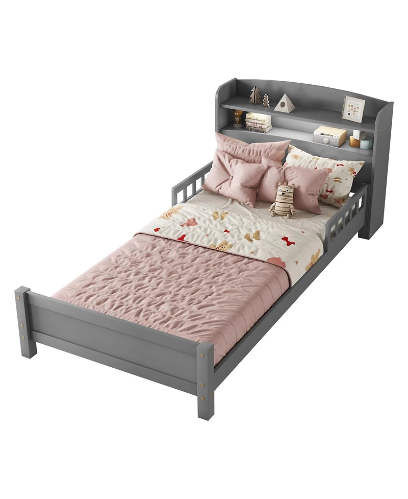 Sailvan Twin Pine Wood Bed with Bookcase Headboard ,Led Motion Sensor Light, Guardrails
