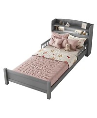 Sailvan Twin Pine Wood Bed with Bookcase Headboard ,Led Motion Sensor Light, Guardrails