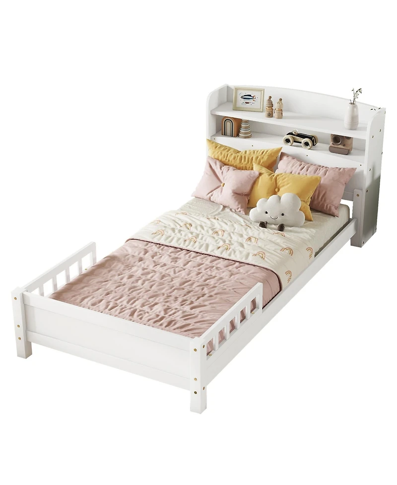 Sailvan Twin Pine Wood Bed with Bookcase Headboard ,Led Motion Sensor Light, Guardrails