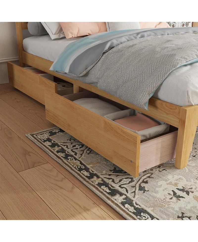 Sailvan Bed with Rattan Headboard, 2 Drawers, Rubber Wood Support Slats and Feet