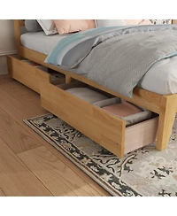 Sailvan Bed with Rattan Headboard, 2 Drawers, Rubber Wood Support Slats and Feet