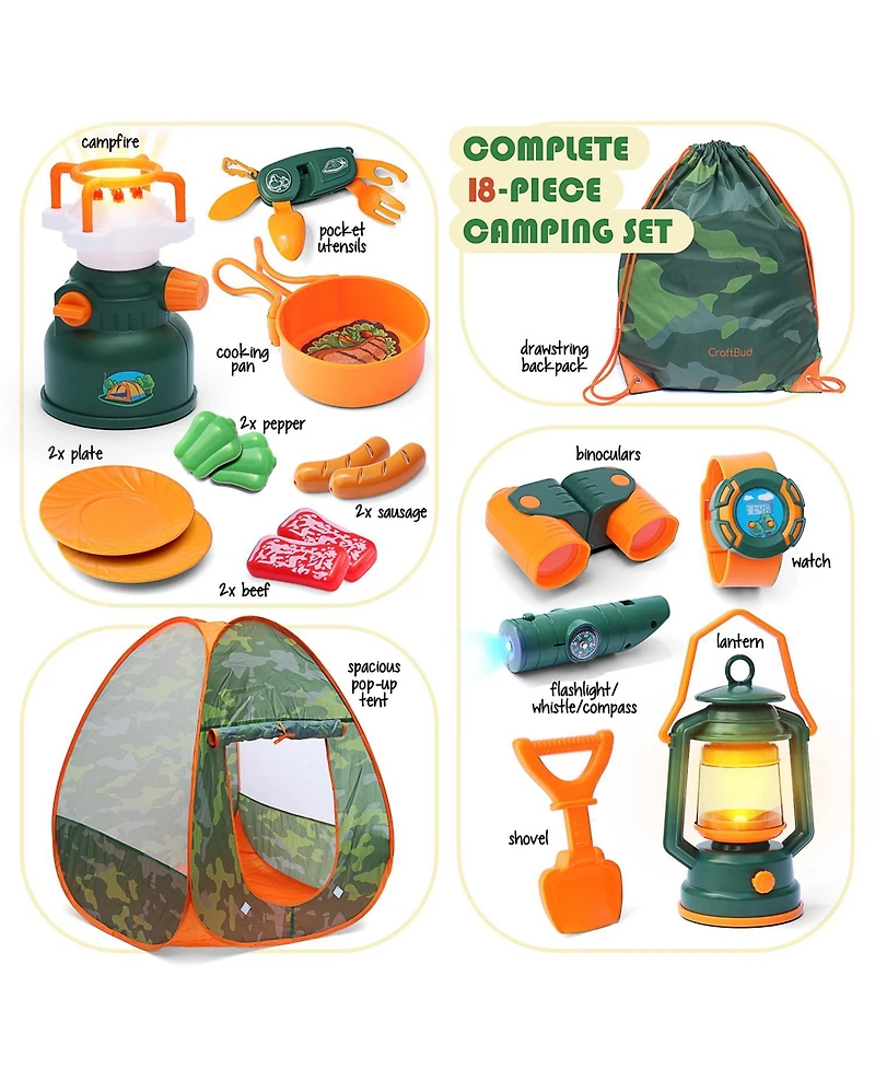 Clara Clark 17 Piece Kids Camping Play Set - with Pop Up Tent, Campfire and Camping Toys - for Indoor and Outdoor Pretend Play