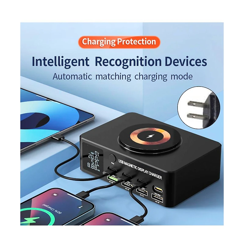 Artudatech 140W 8-Port GaN Charging Station with Fast Charger, Magnetic Wireless and Digital Display