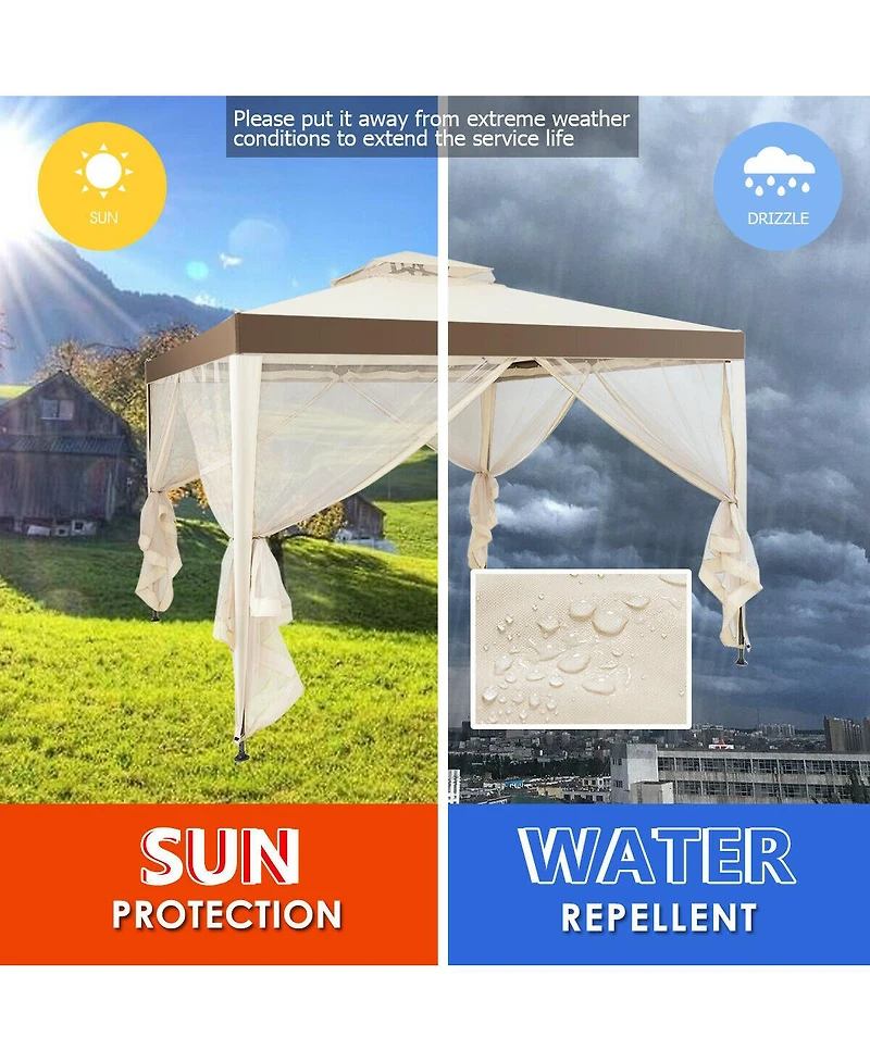 Gouun 10 x 10 feet Patio Gazebo with Mosquito Netting and Double-Tier Roof