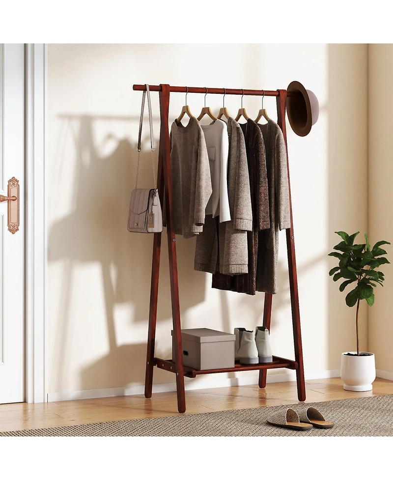 Gouun Folding Rubber Wood Garment Rack with Bottom Storage Shelf