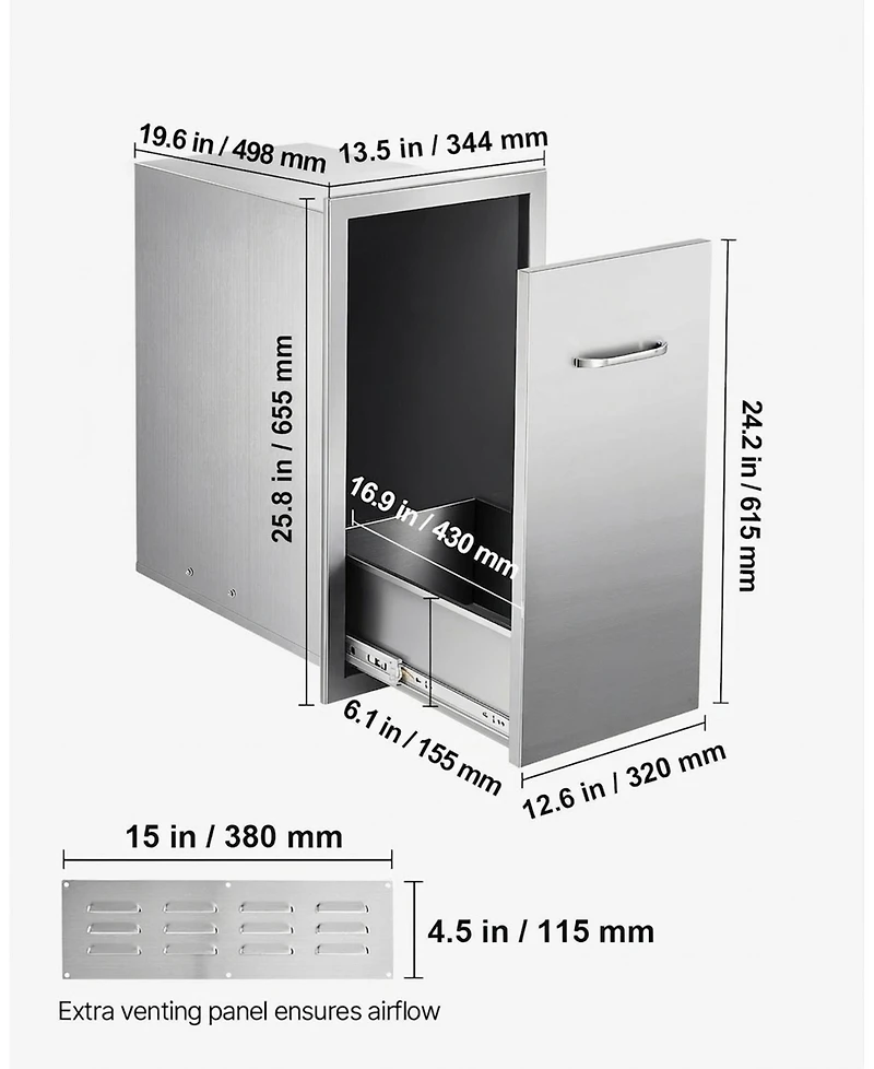 Sugift Outdoor Kitchen Trash Drawer 13.54in W x 19.61in D Multi-Purpose Stainless Steel Drawer