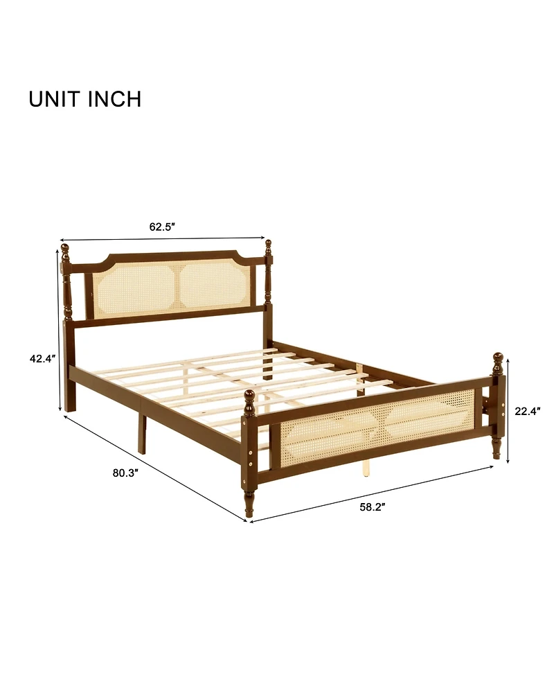 Sailvan Queen Pine wooden Bed with Rattan Headboard and Footboard, Central Enhanced Platform
