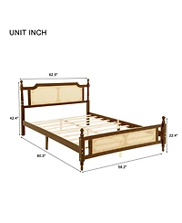 Sailvan Queen Pine wooden Bed with Rattan Headboard and Footboard, Central Enhanced Platform