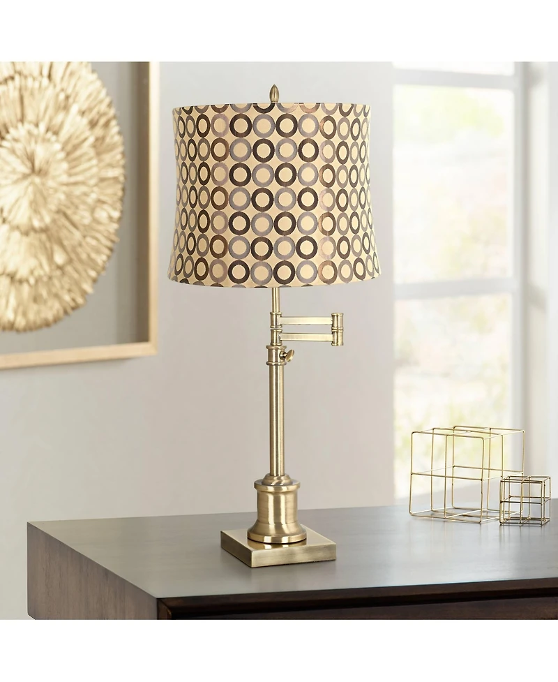 360 Lighting Traditional Swing Arm Desk Table Lamp Adjustable Height 36" Tall Antique Brass Circles Drum Shade Living Room Bedroom