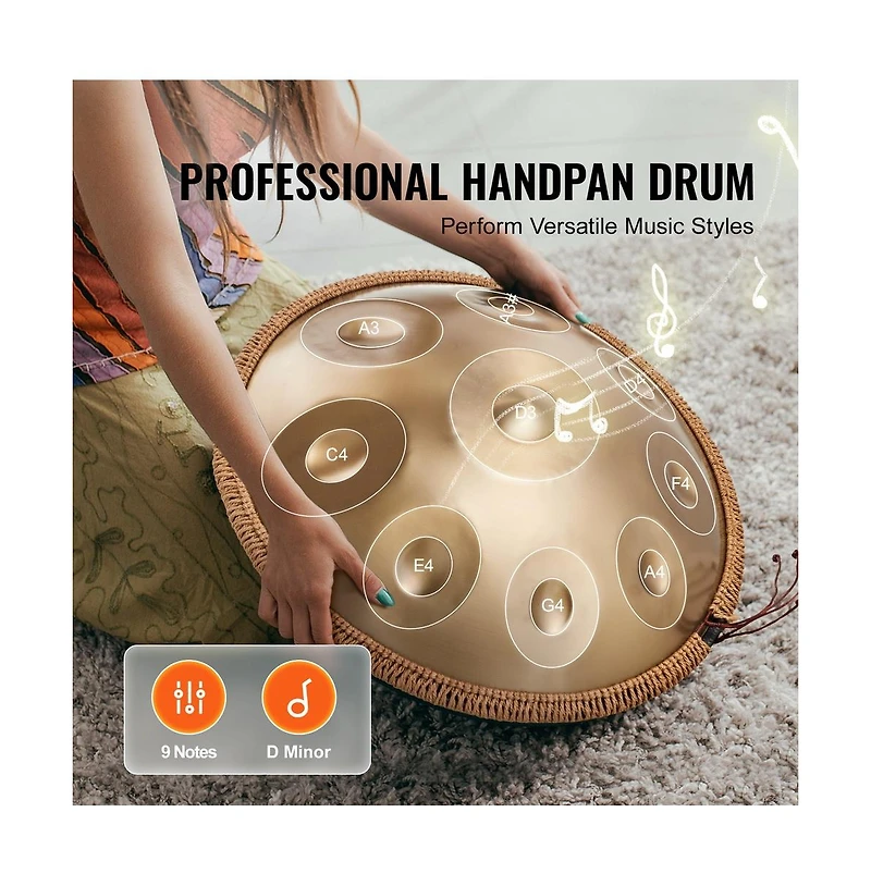 Sugift 22 in 9 Note D Minor Handpan Steel Drum with Mallets Stand and Carry Bag