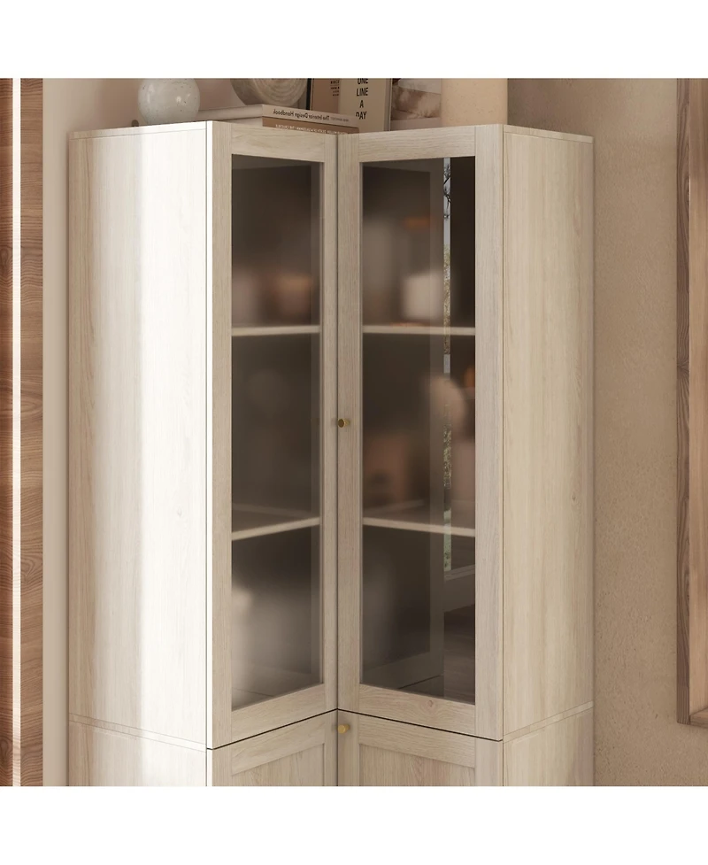 Homsee Modern 4-Door Storage Cabinet with Frosted Glass - Wooden Organizer with Gold Handles | 31.5 Inch Wood Grain Shelf for Living Room or Hallway
