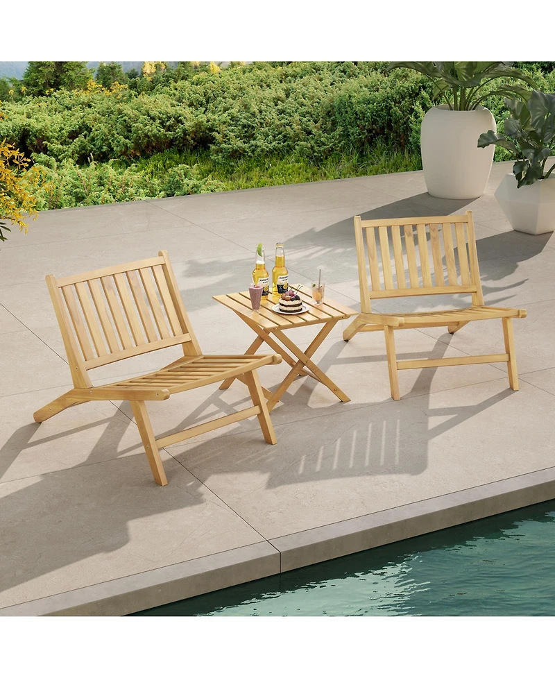 Gymax 2PCS Teak Wood Outdoor Reclining Chair Natural Mid Century Accent Chair w/ Backrest
