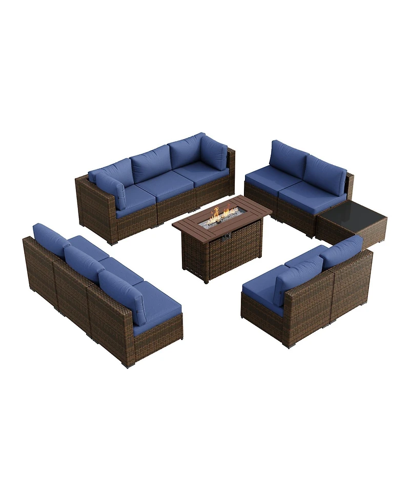 Aoxun 12-Piece Outdoor Brown Wicker Patio Conversation Set with 44" Propane Fire Pit Table and NavyBlue Cushions