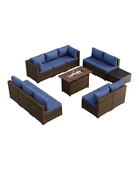 Aoxun 12-Piece Outdoor Brown Wicker Patio Conversation Set with 44" Propane Fire Pit Table and NavyBlue Cushions
