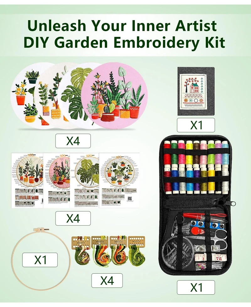Gnuadz 4 Pack Embroidery Kit Beginners Plant Patterns Canvas Hoops Diy Gift