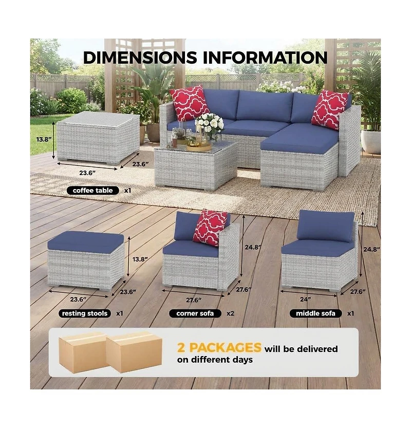 GarveeLife 5 Piece Outdoor Convertible Sectional Set with Ottoman and Tempered Glass Table, Pe Rattan Conversation Seating