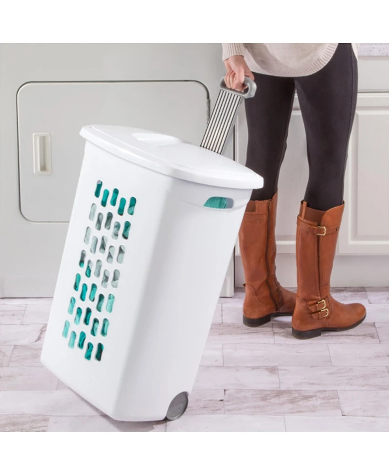 Sterilite White Laundry Hamper With Lift-Top, Wheels, And Pull Handle, 6 Pack