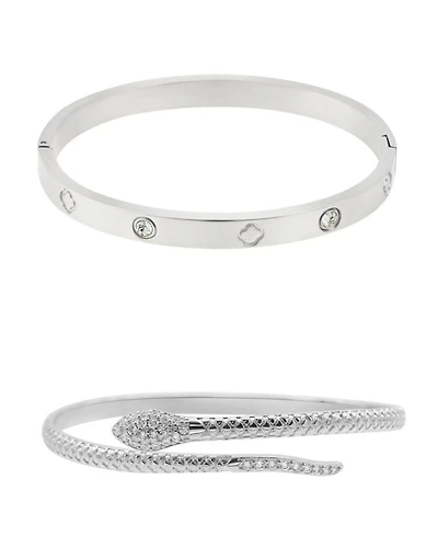 Adornia Silver 2-Piece Snake and Clover Cuff Bracelet Set