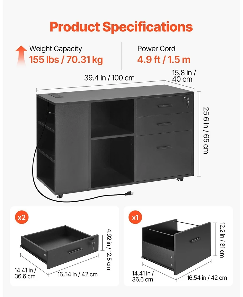 Gouun 3 Drawer Wooden File Cabinet, Mobile Filing Cabinet with Power Strip, Lockable Rolling File Storage with Adjustable Shelves