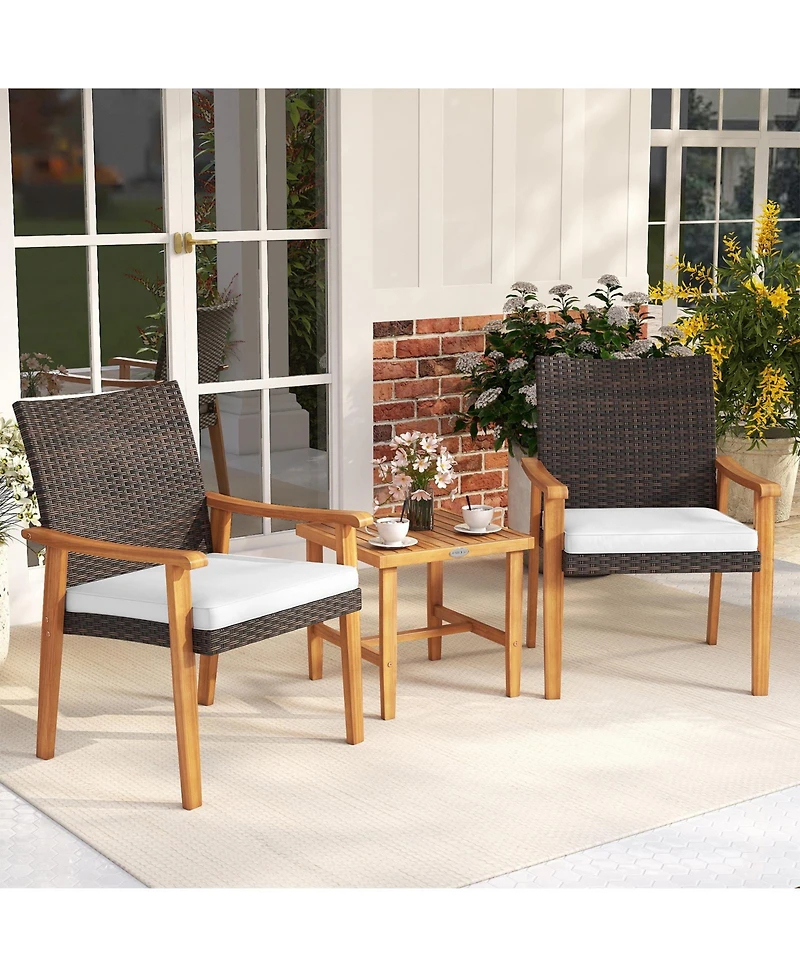 Gouun 3-Piece Patio Wicker Conversation Set with Acacia Wood Side Table