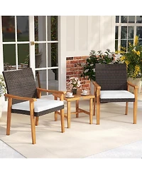 Gouun 3-Piece Patio Wicker Conversation Set with Acacia Wood Side Table