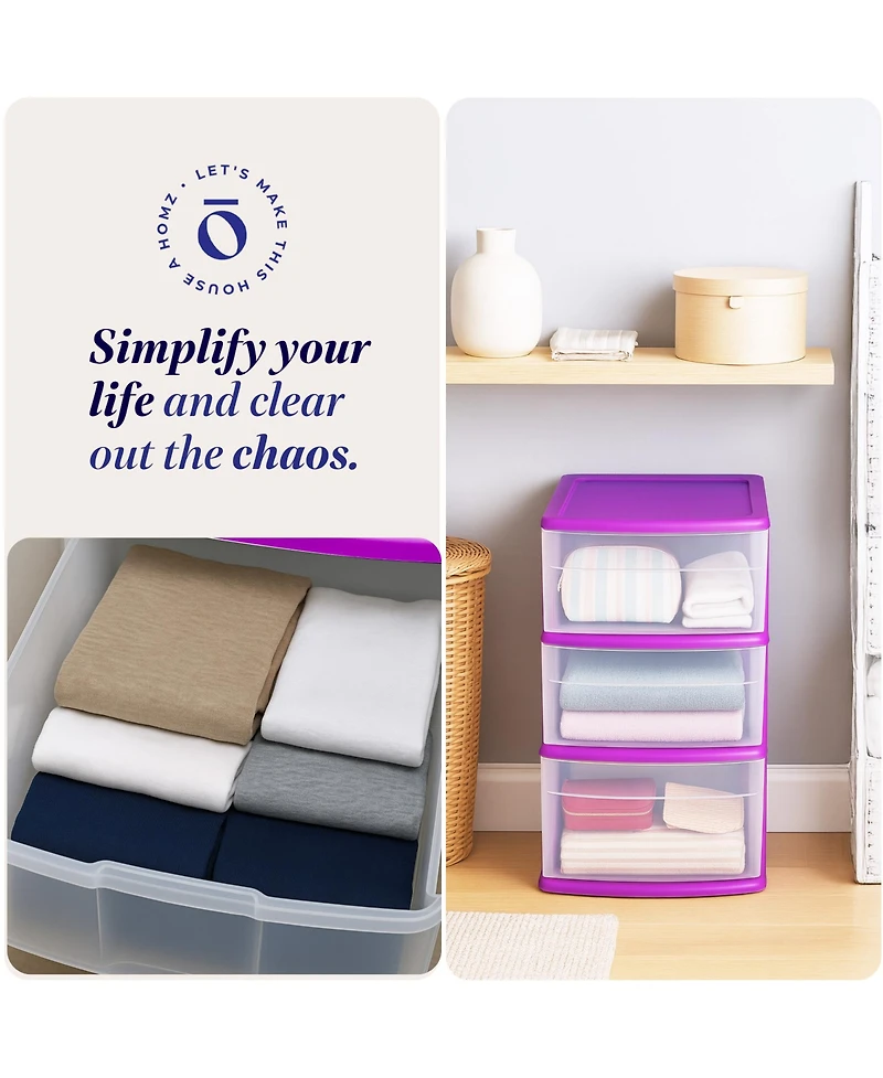 Homz Plastic 3 Drawer Medium Storage Container Tower, Clear Drawers/Purple Frame