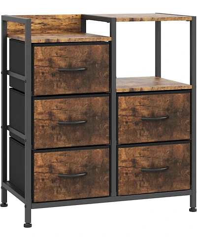 gaomon 5-Drawer Filing Cabinet with Open Storage Shelves and Rolling Printer Rack, Fabric Horizontal File Cabinet