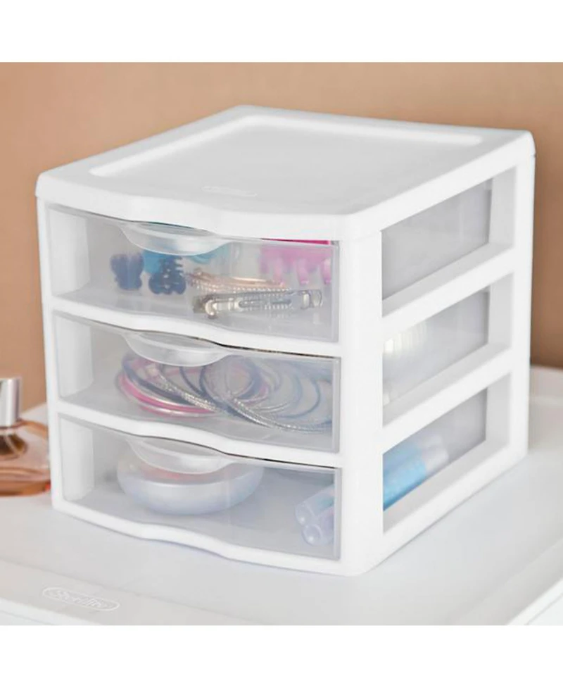 Sterilite ClearView Plastic Small 3 Drawer Desktop Storage Unit, White, 6 Pack