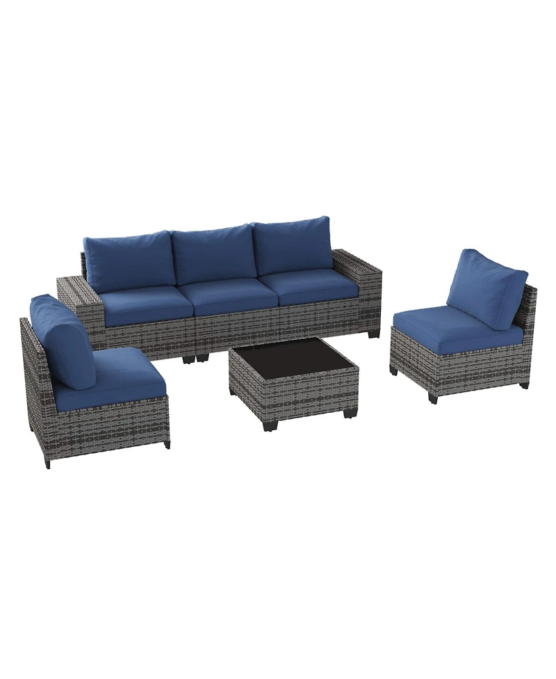 Aoxun 6-Piece Wicker Outdoor Sectional Sofa Set with Cushions and Glass-Top Coffee Table