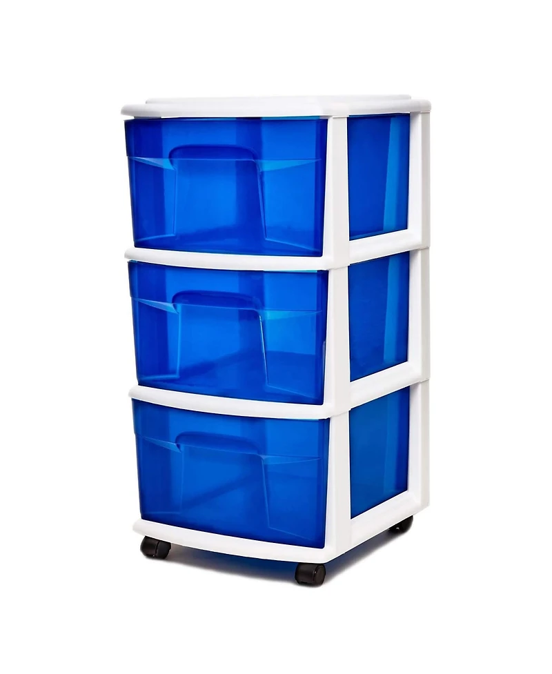 Homz Plastic 3 Drawer Medium Storage Container Tower, Blue Drawers/White Frame