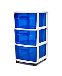 Homz Plastic 3 Drawer Medium Storage Container Tower, Blue Drawers/White Frame