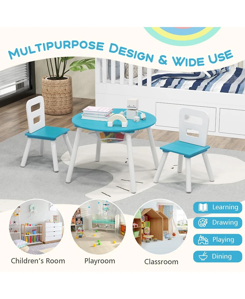 Gouun Wood Activity Kids Table and Chair Set with Center Mesh Storage