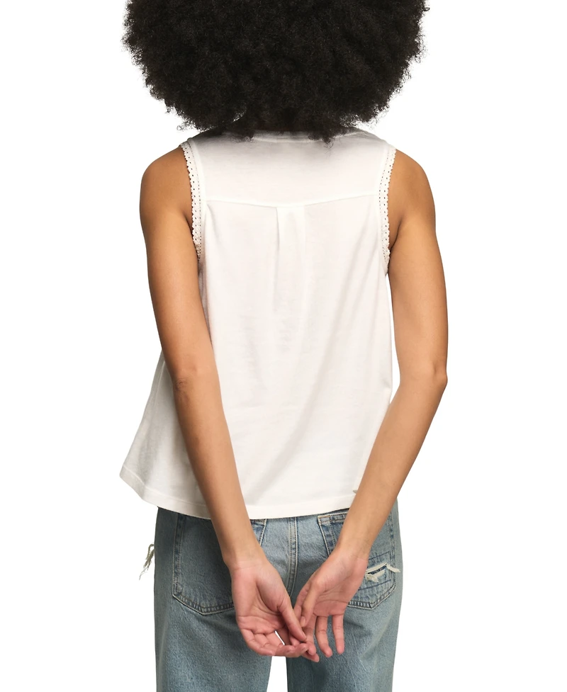 Lucky Brand Women's Sleeveless Crochet Trim Henley Tank Top