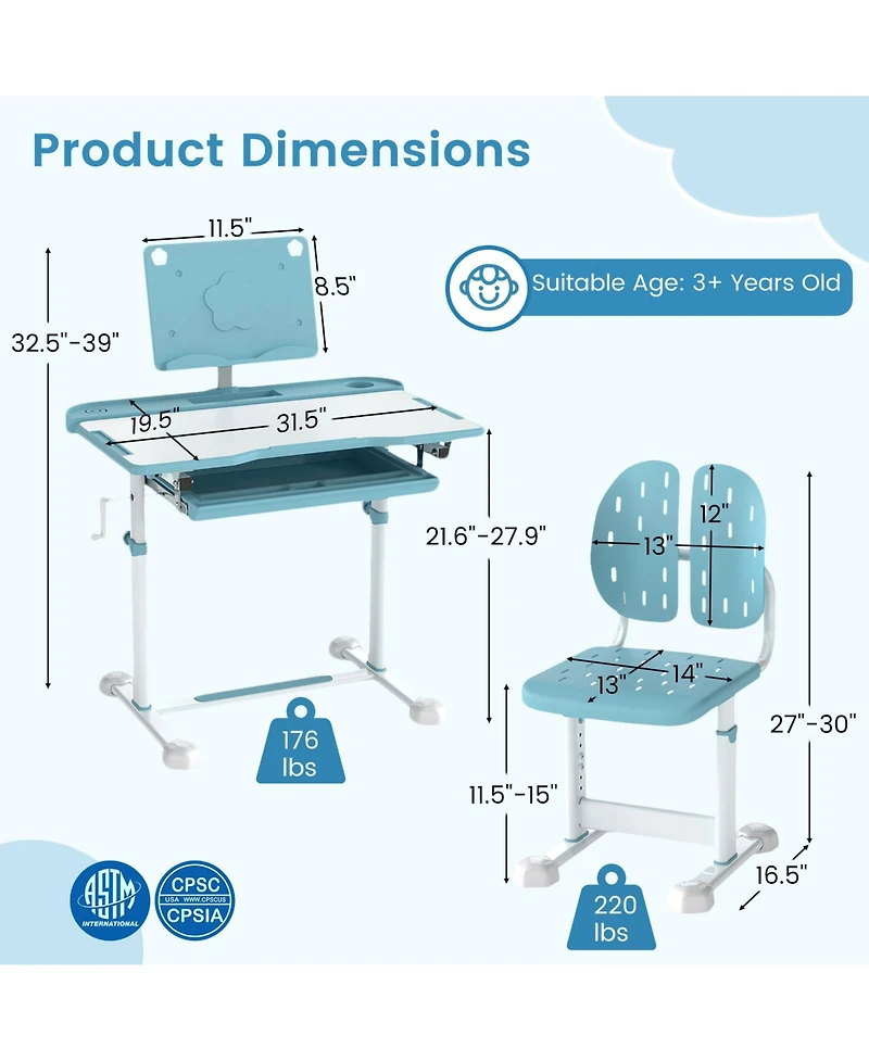 Gouun Kids Height-Adjustable Study Desk and Chair with Tilt Desktop and Book Stand
