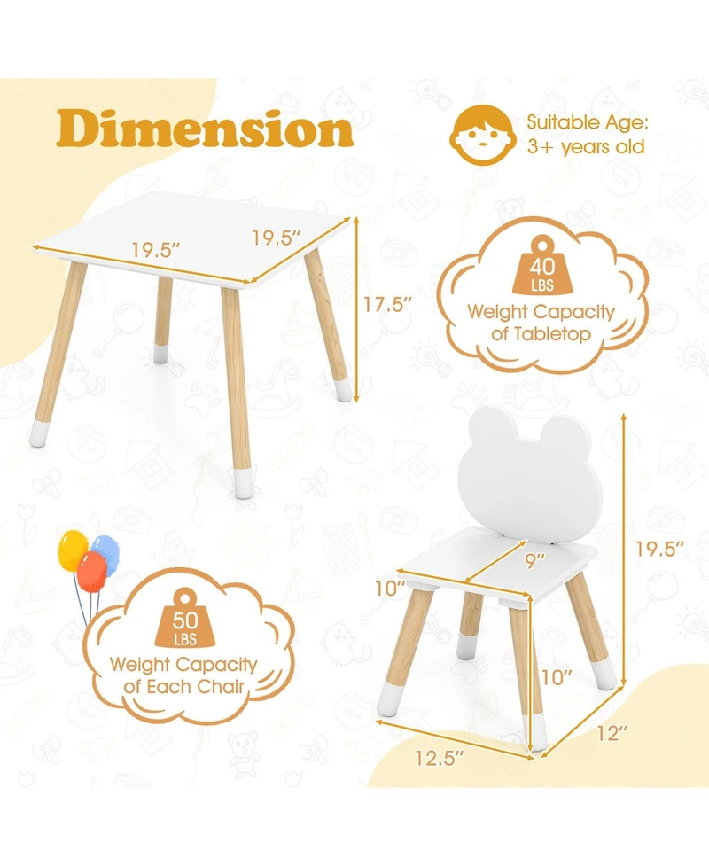 Gouun 3-Piece Kids Wooden Table and Chair Set with Froggy Design