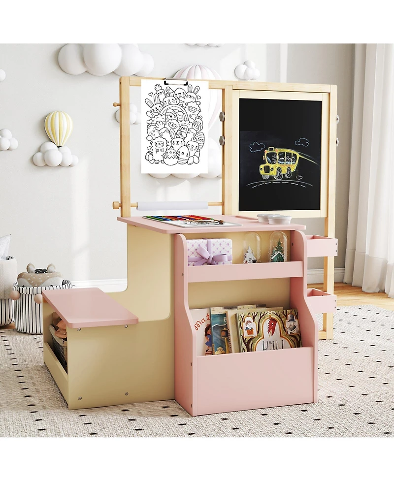 Gouun Kids Art Center Wooden Table and Bench Set with Paper Roll