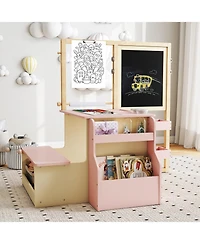 Gouun Kids Art Center Wooden Table and Bench Set with Paper Roll