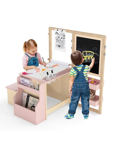 Gouun Kids Art Center Wooden Table and Bench Set with Paper Roll